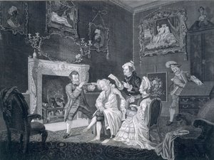 Sirvientes distraen a un viejo vanidoso mientras otro roba del escritorio, grabado por Goldar, 1771 de Pugh